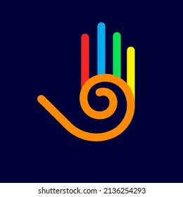 Ilustración de la mano coloreada abstracta con cinco dedos y elemento de diseño espiral sobre fondo oscuro