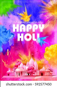 illustration of abstract colorful background with temple for Happy Holi background