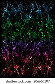 Illustration of abstract colorful floral ornament on black background 