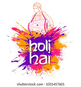 illustration of abstract colorful Happy Holi background for color festival of India celebration greetings with message in Hindi Holi Hain meaning Its Holi