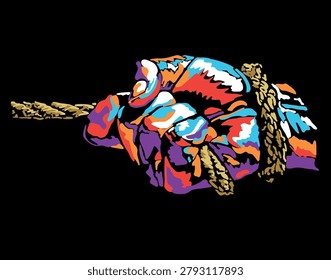 Illustration of abstract, colorful, pulling rope hand on black background.