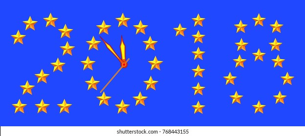 Illustration of the abstract concept clock with 2018 gold stars lettering 