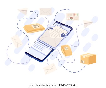 Illustration Abstract Concept Of Sending Mail Envelope Or Parcel Using Mobile App On Smartphone Vector Illustration On White Backgroun