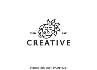 Illustration Abstract Creative Face Logo. Moon and Sun Swirl Concept. Fantasy Astronomy Character.