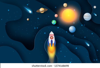 illustration of Abstract curve wave with launch rocket Startup for Solar system circle.Galaxy space exploring with satellite and planets concept on dark night background vector.paper craft and cut.