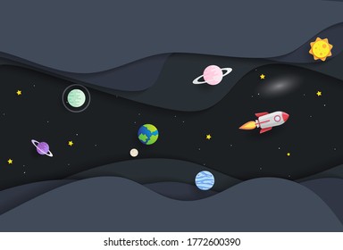 illustration of Abstract curve wave with launch rocket Startup for Solar system circle.Galaxy space exploring with satellite and planets concept on dark night background vector.paper craft and cut.
