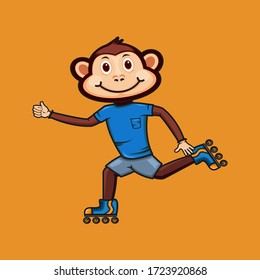 Illustration abstract Cute cartoon monkey doing roller skates logo design