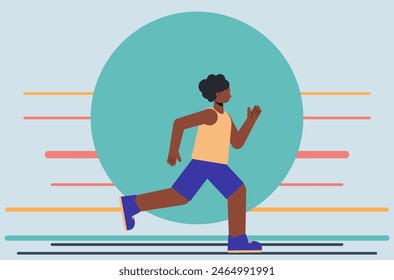 Illustration of an abstract dark skinned woman running in a tank top and shorts. Running athlete flat design illustration.