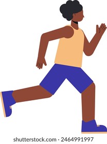 Illustration of an abstract dark skinned woman running in a tank top and shorts. Running athlete flat design illustration.