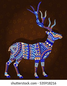 Illustration with abstract deer on a dark brown floral background