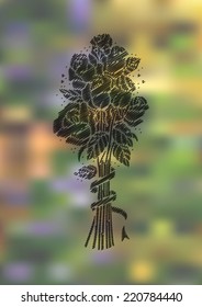Illustration of abstract doodle roses bouquet in black color on colorful fuzzy background 