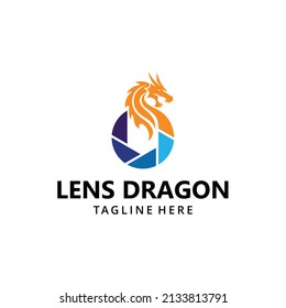 Illustration abstract dragon head on lens photography logo design