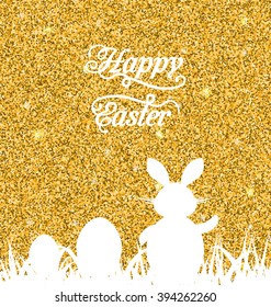 Illustration Abstract Easter Sparkle Background with Rabbit, Eggs, Grass. Celebration Luxury Card or Invitation. Happy Easter Lettering - Vector