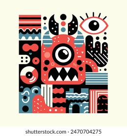 Illustration of abstract elements of cute colorful monsters in contemporary cartoon art style