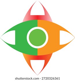 Ilustración del diseño abstracto del logotipo de la forma del ojo con las mitades verdes y naranjas