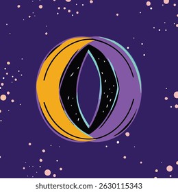 Illustration of an abstract eye shape with yellow and purple outer rings on a dark purple background