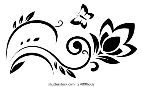 Illustration of the abstract fantasy flowers black silhouette on white background