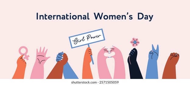 Illustration of abstract female hands. International Women s Day. Women s Equality. Vector banner