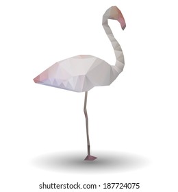 Illustration of abstract flamingo in origami style on white background. Low poly.