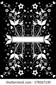 Illustration of abstract floral background with banner in white and black colors