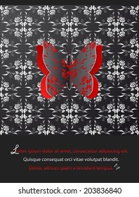 Illustration of abstract floral background with paper butterfly cutout in red, white and grey colors 