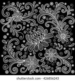Illustration of abstract floral doodle lacy ornament in white color on black background
