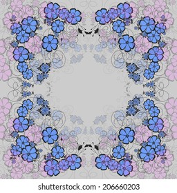 Illustration of abstract floral frame in blue, pink and black colours on grey background 