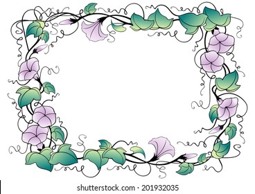 Illustration of abstract floral frame with leaves and bindweed flowers isolated