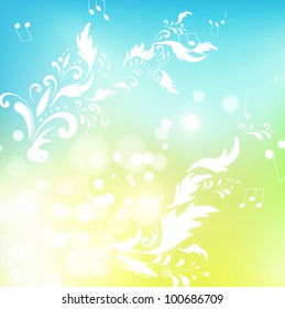 illustration of abstract floral with notes over blue and green background