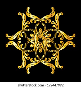 Illustration of abstract floral pattern in golden shades on black background