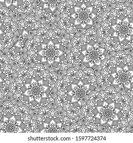 illustration of abstract flowers seamless pattern in black and white inspired on mandala art for coloring with geometric design elements