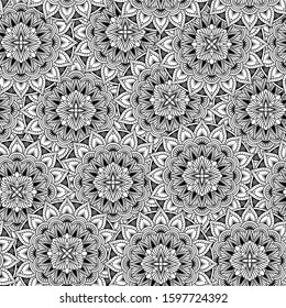 illustration of abstract flowers seamless pattern in black and white inspired on mandala art for coloring with geometric design elements