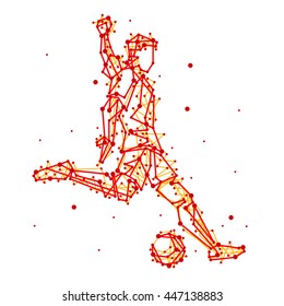 Illustration of abstract football player on isolated background. Run, kick, attack. Stylized red silhouettes for design. Football players in motion.