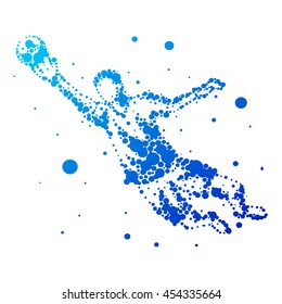 Illustration of abstract football player on isolated background. Goalkeeper, kick, jump. Stylized silhouettes for design. Blue circles of different sizes. Football player in motion, different options.