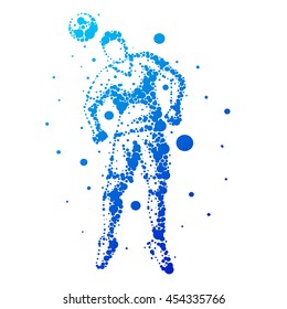Illustration of abstract football player on isolated background. Goalkeeper, kick, jump. Stylized silhouettes for design. Blue circles of different sizes. Football player in motion, different options.