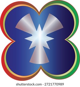 Ilustración de la forma abstracta del trébol de cuatro hojas con el emblema central del estallido estelar en tonos azules y rojos
