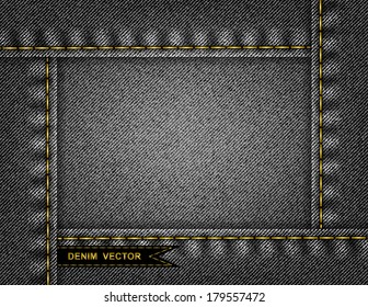Illustration of abstract frame from black denim texture with stitches and ribbon