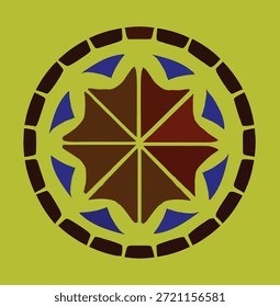 Ilustración de patrón circular geométrico abstracto en marrón, azul y amarillo verde