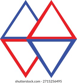 Ilustración de diseño geométrico abstracto con triángulos azul y rojo entrelazados