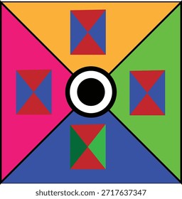 Illustration of abstract geometric pattern with four colored quadrants and central circle