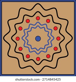 Ilustração de padrão geométrico abstrato com linhas onduladas e pontos vermelhos sobre fundo marrom