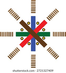 Ilustración de un símbolo geométrico abstracto con barras de colores que se cruzan y Elementos a rayas que irradian