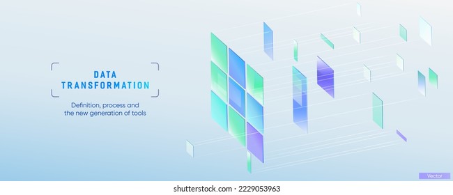 Illustration of abstract geometric with transparent square, rectangle and line. Future technology, connection, AI, data transformation background