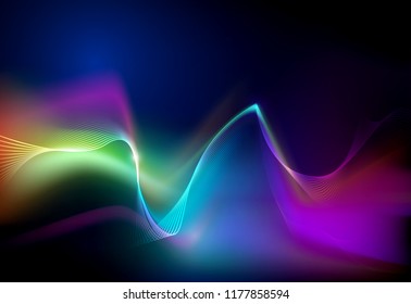 Illustration Abstract glowing, neon light effect, wave line, wavy pattern. Vector design communication techno on blue background. Futuristic digital technology for web or banner background