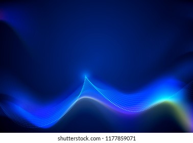 Illustration Abstract glowing, neon light effect, wave line, wavy pattern. Vector design communication techno on blue background. Futuristic digital technology for web or banner background