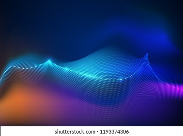 Illustration Abstract glowing, neon light effect, wave line, wavy pattern. Vector design communication techno on blue background. Futuristic digital technology for web or banner background