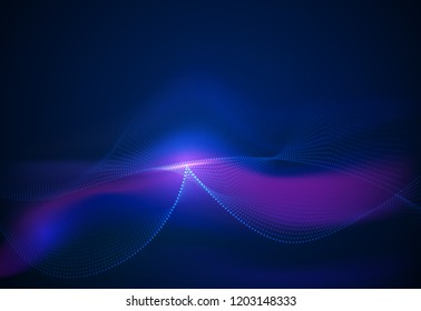 Illustration Abstract glowing, neon light effect, wave line, wavy pattern. Vector design communication techno on blue background. Futuristic digital technology for web or banner background