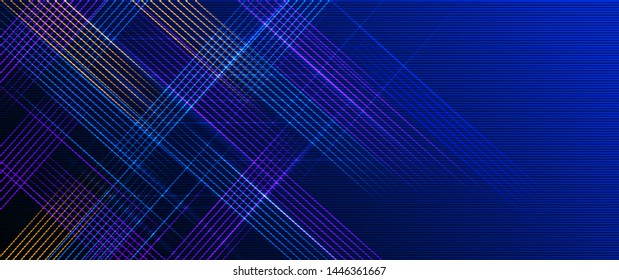 Illustration Abstract glowing, neon light effect, wave line, wavy pattern. Vector design communication techno on blue background. Futuristic digital technology for web or banner background