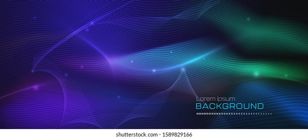 Illustration Abstract glowing, neon light effect, wave line, wavy pattern. Vector design communication techno on blue background. Futuristic digital technology for web or banner background