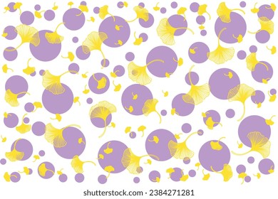 Illustration, Abstract Gold line of Ginkgo biloba leaves with violet circle on white background.